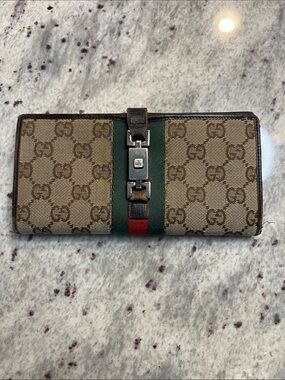 Gucci Beige Brown GG Canvas Wallet with Green-Red Web Stripe